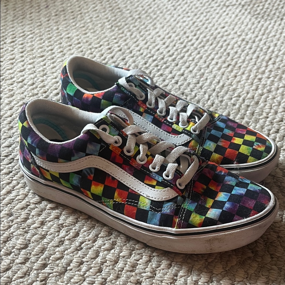Van sneakers rainbow checker pattern.